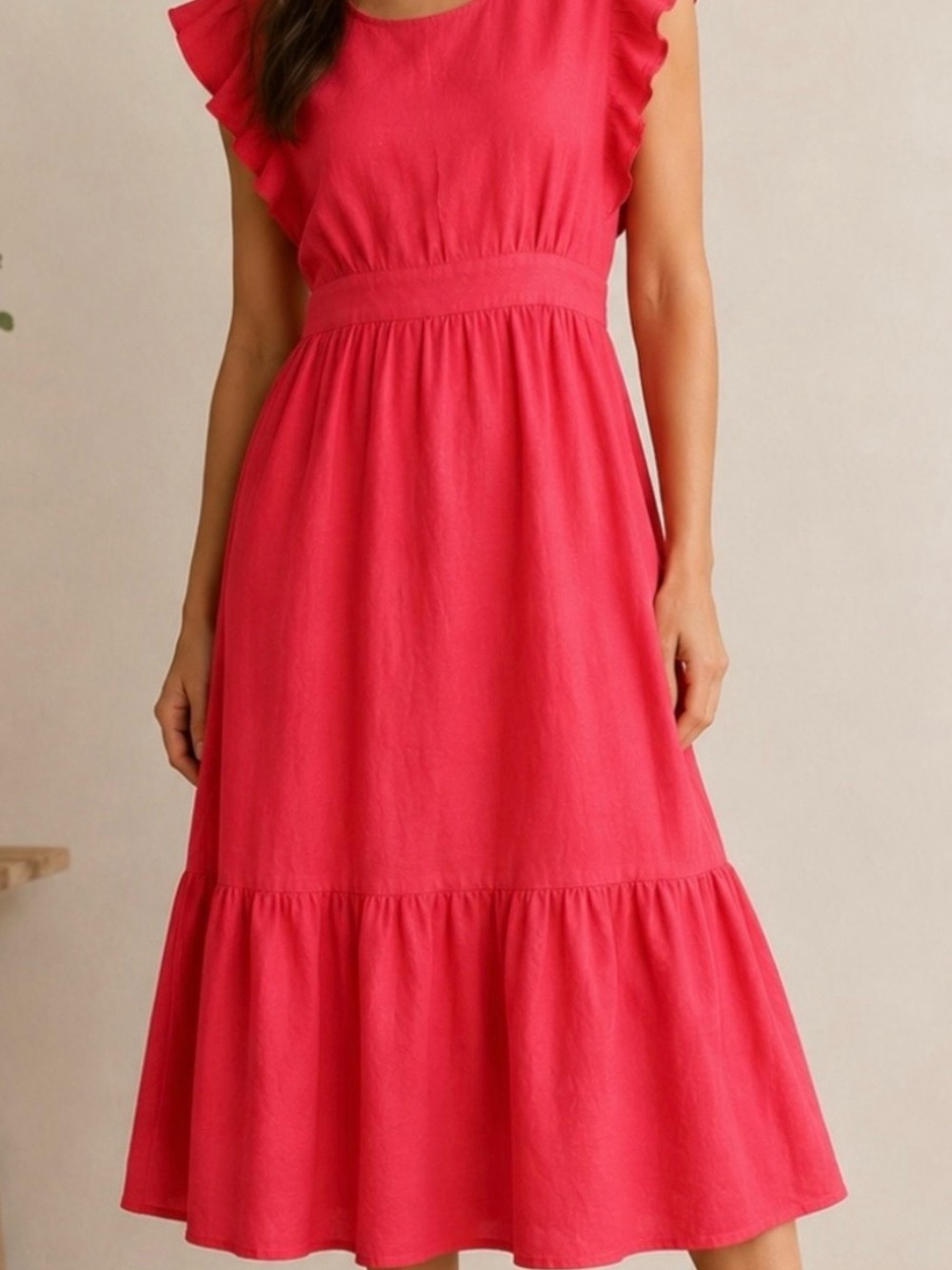 For Cynthia Rowley Linen Ruffle Sleeve Bright Coral Pink Red Midi Dress